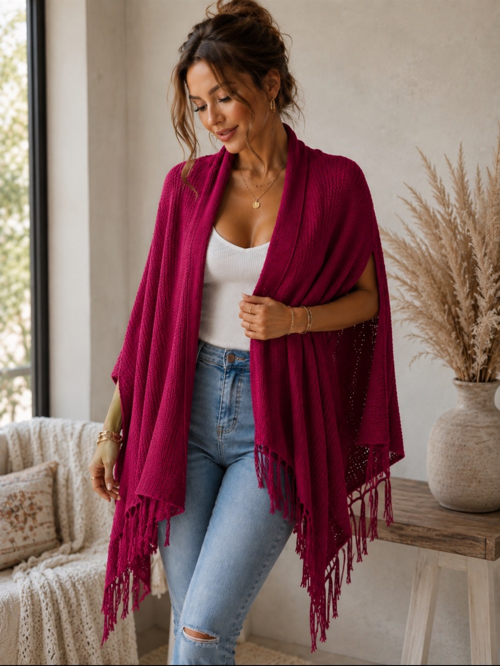Chicos Cranberry Pink Poncho Open Front Fringe Oversized Sweater S/M